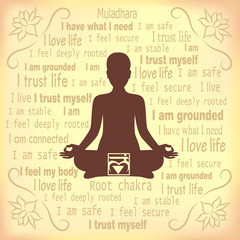 Meditating woman. Muladhara chakra affirmation.