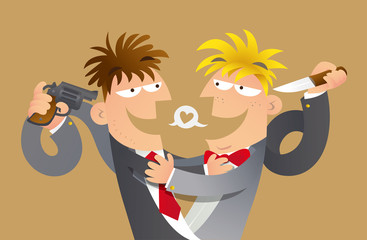 Cartoon illustration of concept of False friends. Two men make a hug to pretend friends, meanwhile they put a weapon behind their back and point to each others.