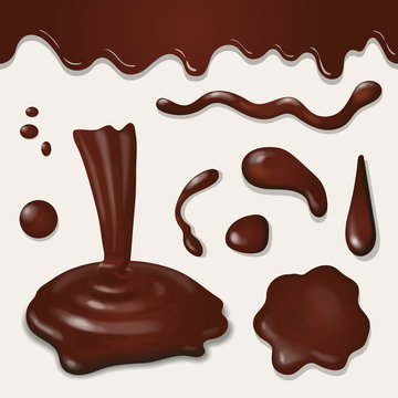 Chocolate realistic splashes and drops set