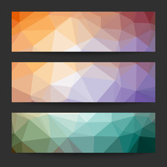 Fototapeta premium Set of abstract colorful geometric polygonal banners on black background. Vector banners template. 