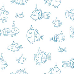 Birthday seamless pattern with cute cartoon fishes  in party hat  on  white background. Underwater life. Funny sea animals. Children's illustration. Vector contour image.