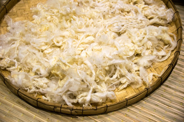 Close up white fleece for use yarn weaving.