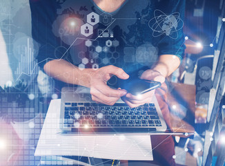 Man Touch Smartphone Screen Hand Laptop.Project Manager Research Process.Business Team Work Startup modern Office.Global Strategy Virtual Icon.Innovation Graphs Interface.Analyze market stock Blurred.