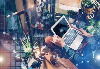 Man Typing Laptop Hand.Account Manager Researching Process.Business Team Working Startup modern Loft Studio.New Global Strategy Virtual Icon.Innovation Graphs Interface.Analyze market stock Blurred.