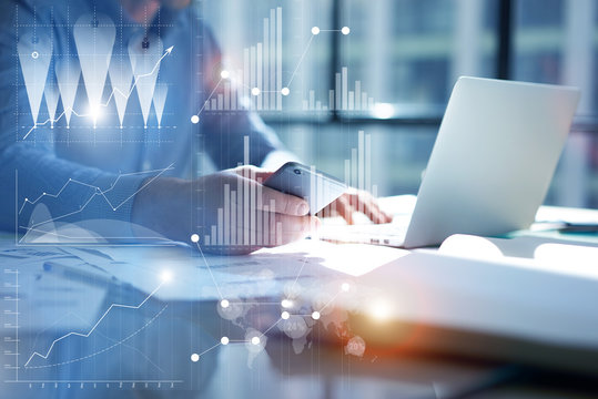 Man Typing Laptop,use Smartphone Hand.Project Manager Researching Process.Business Team Work Startup modern Office.Global Strategy Virtual Icon.Innovation Graphs Interface.Analyze market stock Blurred