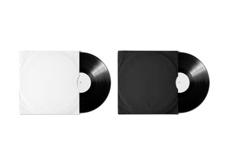Blank white and black vinyl album cover sleeve mockup, isolated, clipping path. Gramophone music...