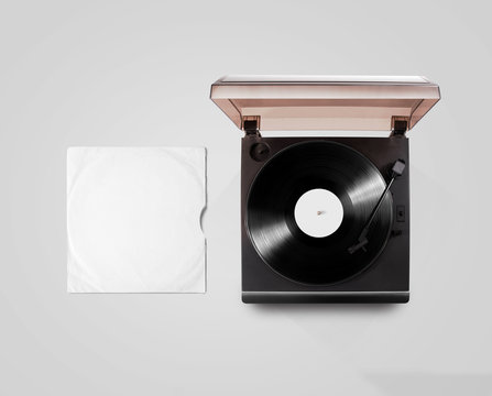 Gramophone Vinyl Player And Record Cover Sleeve Mockup, Top View, Isolated. Talking Machine Play Blank Sound Plate Mock Up. Retro Phonograph Design From Above. Spinning Vinyl Template Audio Disc