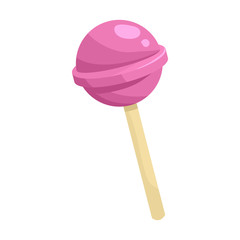 Round pink lollipop icon in cartoon style on a white background