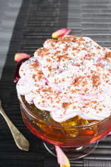Colorful jelly with whipped cream and candy topping