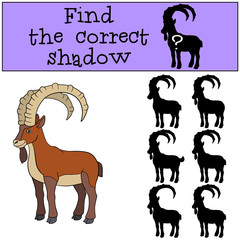 Educational game: Find the correct shadow. Cute ibex smiles.