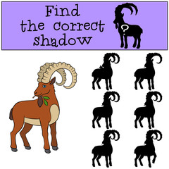 Educational game: Find the correct shadow. Cute ibex eats leaves