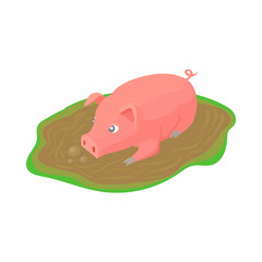 Pig in a puddle icon in cartoon style on a white background