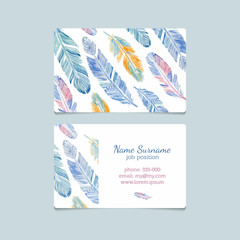 Template of elegant business cards with watercolor feathers.