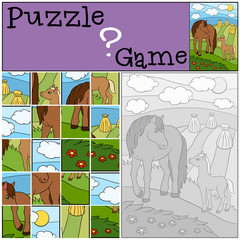 Education games for kids. Puzzle. Mother horse with foal.