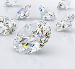 Group of diamonds placed on white background soft focus, 3D illustration.