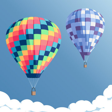 colorful hot air balloons on blue sky background with clouds, vector illustration of bright rainbow hot air balloons