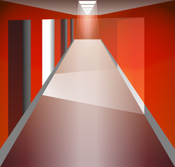 Red Corridor and doors. Light at the end. The light from the doorway. Fixtures. There is an exit.