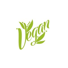 Vegan Logo with a single fresh green leaf above lowercase text - vegan - on a white background, simple stylish vector illustration