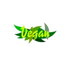Vegan Logo with a single fresh green leaf above lowercase text - vegan - on a white background, simple stylish vector illustration