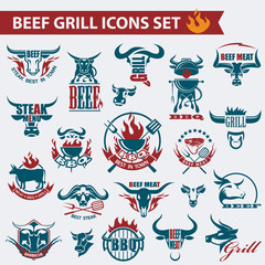 set of various beef meat icons and elements
