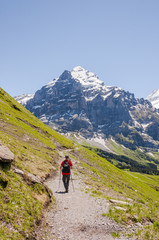 Fototapeta na wymiar Grindelwald, Berner Oberland, Wetterhorn, Alpen, Schweizer Berge, Grosse Scheidegg, Wanderweg, Wanderer, Höhenweg, Sommer, Schweiz