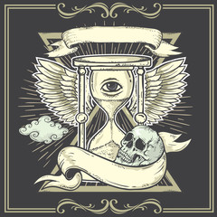 Tattoo-art design.Wings,Hourglass, Skull Eye of Providence.