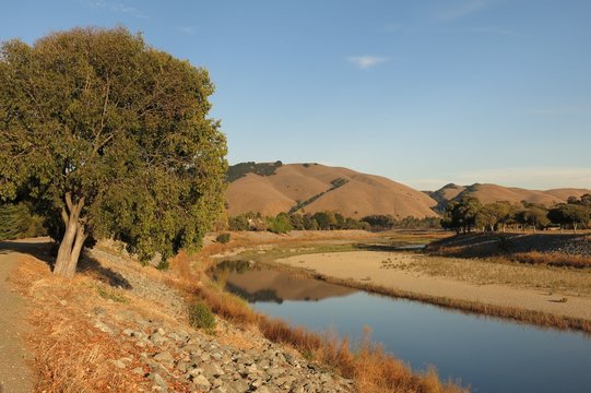 Northern California golden hills reflected in Alameda Creek, Fremont, California