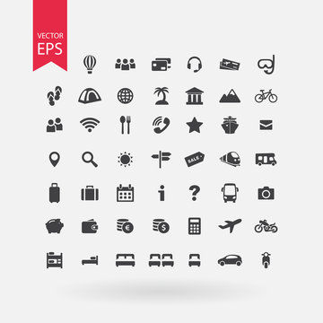 Travel icons set. Tourism signs collection. Vacation symbols isolated on white background. Vector icons of booking, transports, excursions, service, food, luggage, payment. Flat design style.