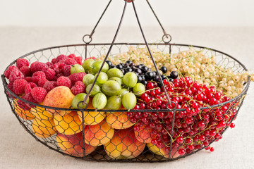 Summer fruits and berries - red, black and white currants, raspb