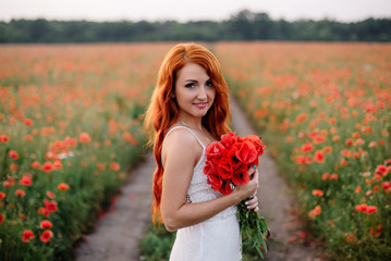 Naklejka premium beautiful young red-haired woman in poppy field holding a bouquet of poppies