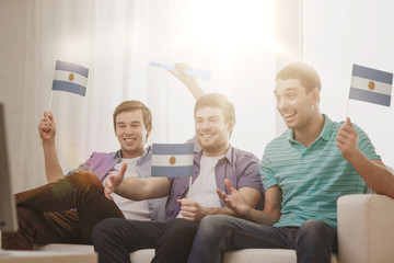 happy male friends with flags and vuvuzela