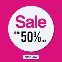 Promotional discounts Sale banner for shop or online shopping on shocking pink background. Special offer up to 50% off. Vector illustration.