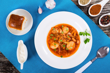 Ukrainian vegetable and meat soup borscht , close-up