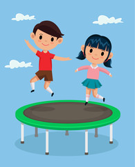 Kids jumping on trampoline. Vector flat cartoon illustration