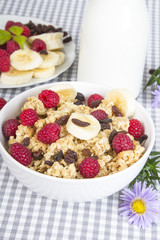 granola with fruits and bottle of fresh milk
