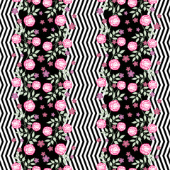 seamless floral pattern in retro style, black background, striped