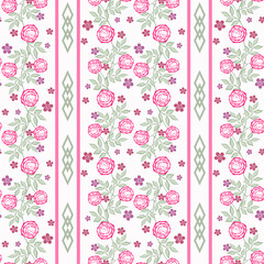 seamless floral pattern in retro style, white background, striped