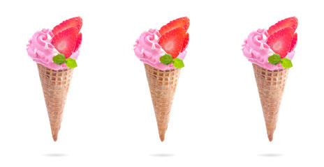Ice cream in waffle cone with strawberry isolated on the white background.