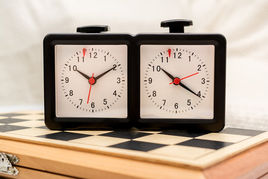 Chess boards and chess clocks.