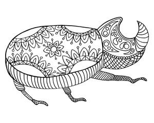 Zen tangle and zen doodle bug. Zentangle, zeendoodle beetle. Zenart insect. Coloring book arthropoda. Vector coleoptera.