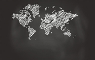 Sketch Of World Map Over Black Chalkboard