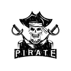 skull captain pirate in hat with swords grunge vector design tem