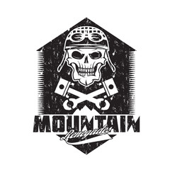 mountain renegades vintage grunge print with skull, pistons moun