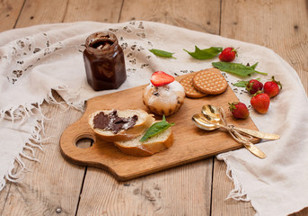 sweet dessert with chocolate and berries, a vitamin and nutritious breakfast, cooking