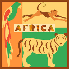 Vector set of stylized African animals in the jungle - parrot, tiger, monkey. Modern flat design. Perfect promotional flyer, booklets and articles. Hand drawn lettering. Vector eps10 illustration