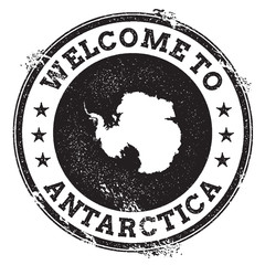 Vintage passport welcome stamp with Antarctica map. Grunge rubber stamp with Welcome to Antarctica text, vector illustration. © Begin Again