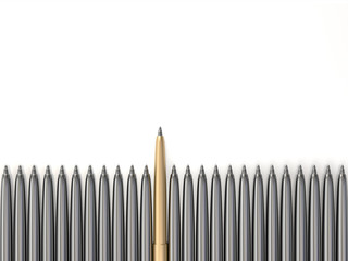 Gold pen standing out from chrome pens.3d rendering