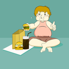 Overweight boy eating fast food