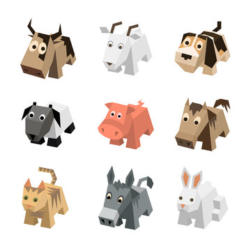 Vector set sf different cartoon isometric 3d animals isolated: cow, goat, dog, ram, sheep, pig, horse, cat, kitten, donkey, rabbit, hare. Elements for 3d game. Icon collection of farm animals.