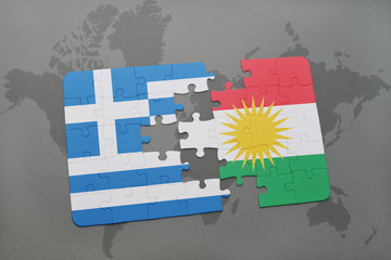 puzzle with the national flag of greece and kurdistan on a world map background.